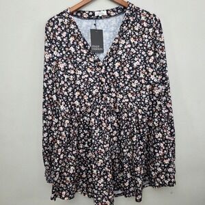 PINUP FASHION Floral Print Babydoll Tunic Top Long Sleeve V Neck Plus Size 3X